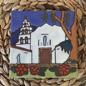 California Mission San Diego De Alcala Hand Painted Wall Art Tile Trivet 6" x 6"